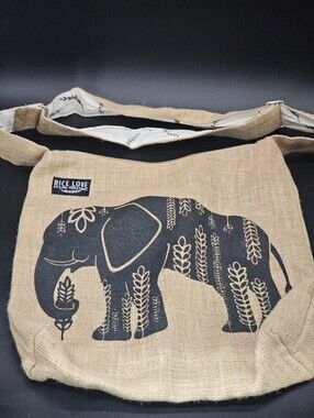 Rice Love Boho Burlap Crossbody Bag Tote Eco-Friendly Elephant Print